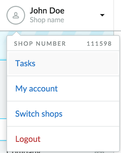User dropdown with Tasks option.