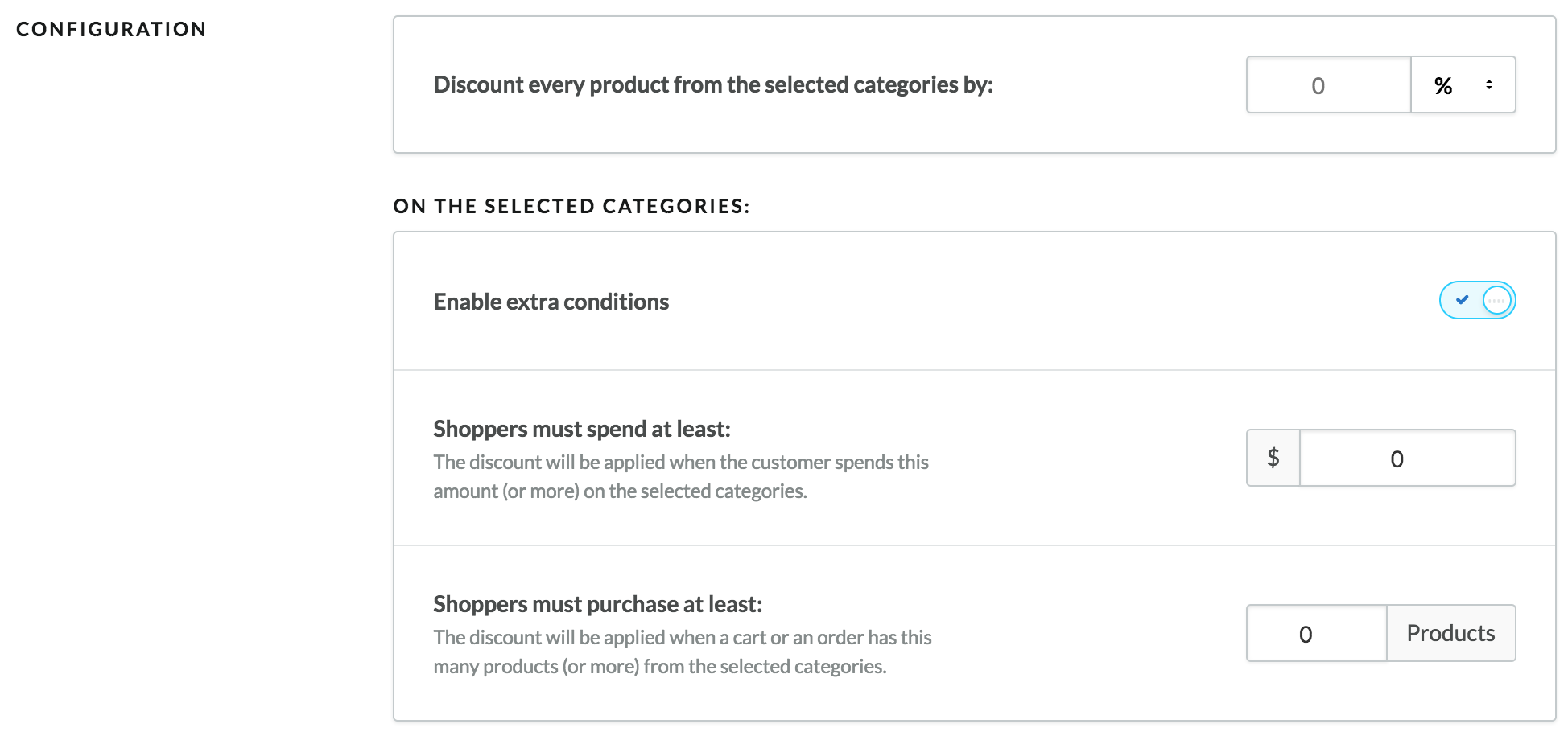 Shows the configuration section of the discount rules settings.