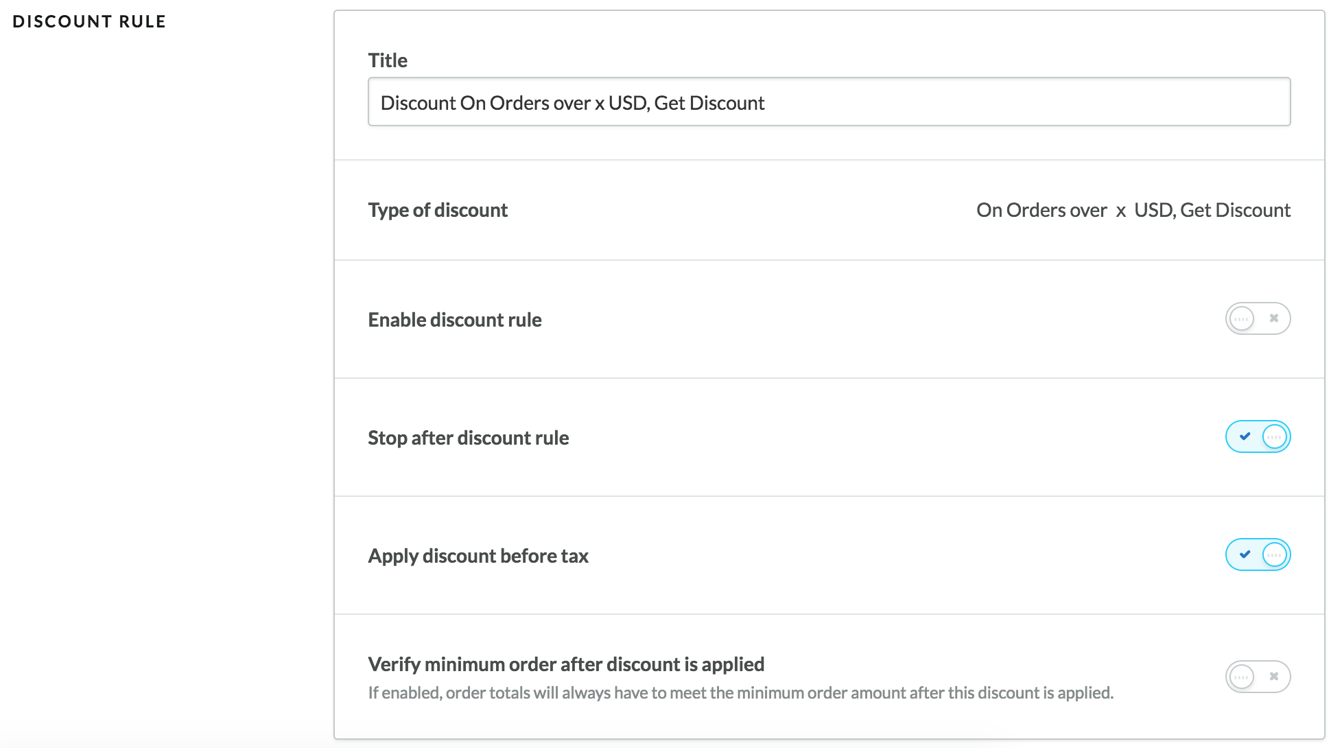 Shows the first 6 settings in the discount rule's instructions.