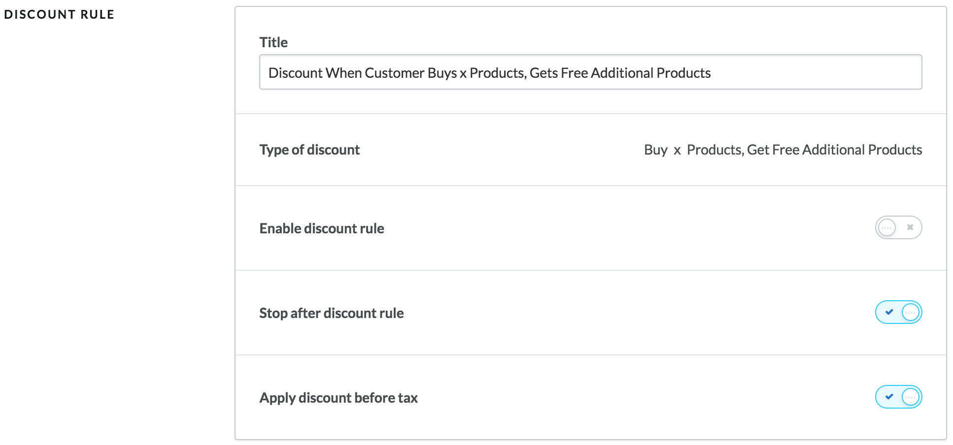 Shows the first 5 settings of the discount rule.