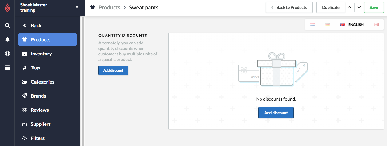 An item's Quantity discounts section.