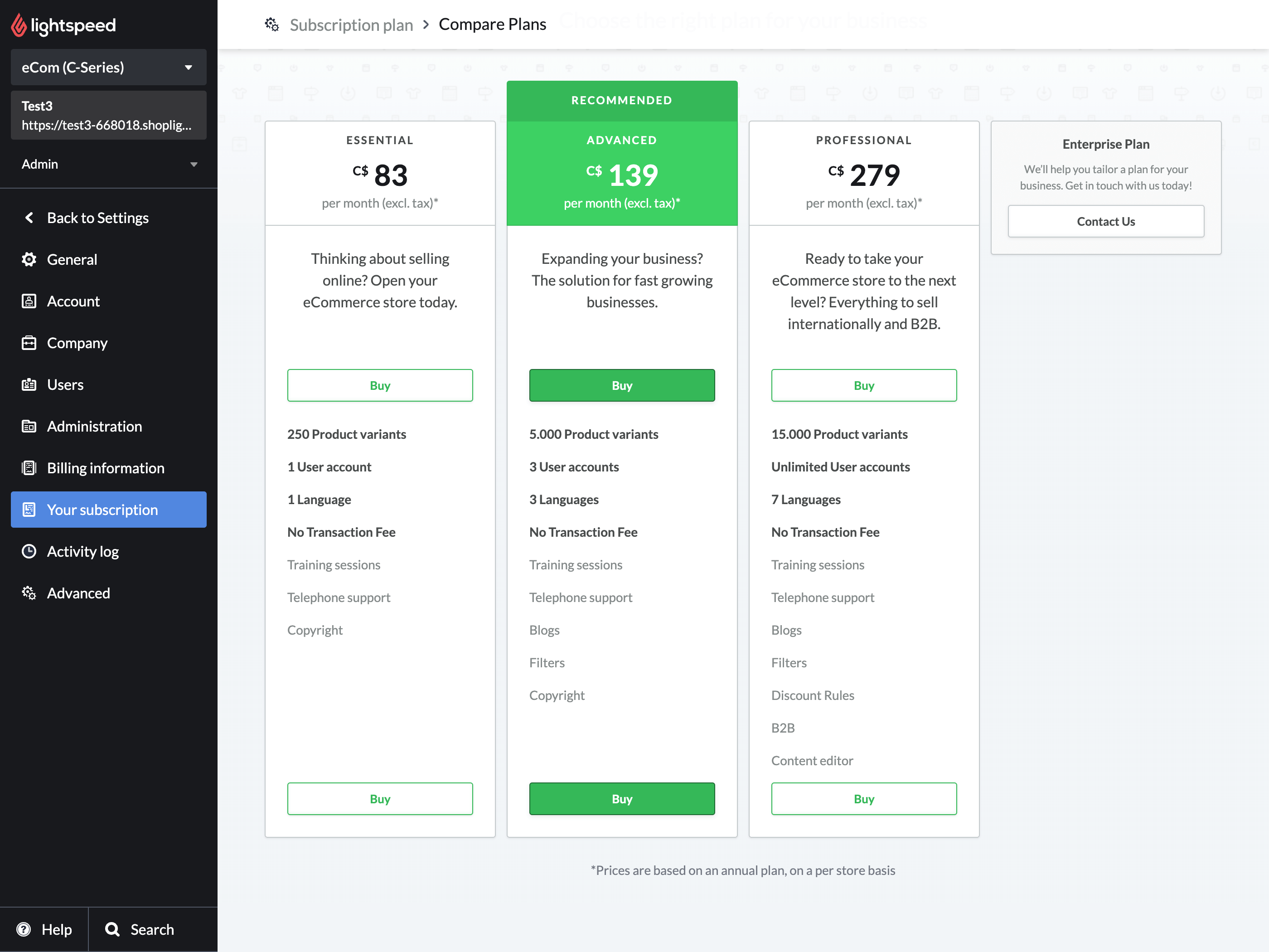 Your subscription page showing the different plans available.