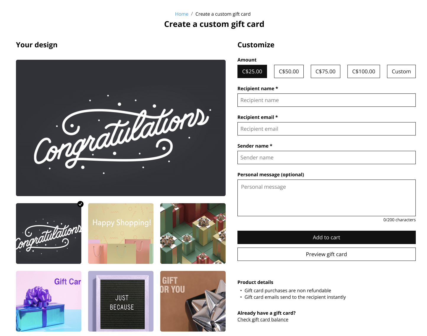Gift card sell screen with fields to fill out personalized information.