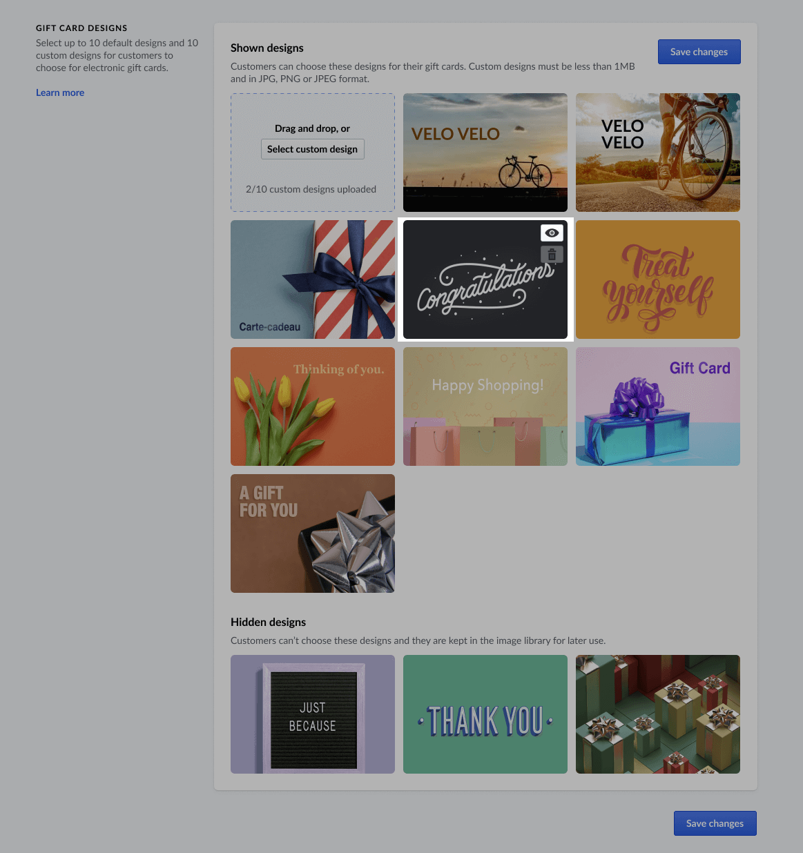 Gift card design section with the hide/show icon displayed on a custom image.