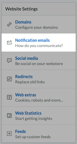 Notification Emails selected in website settings menu