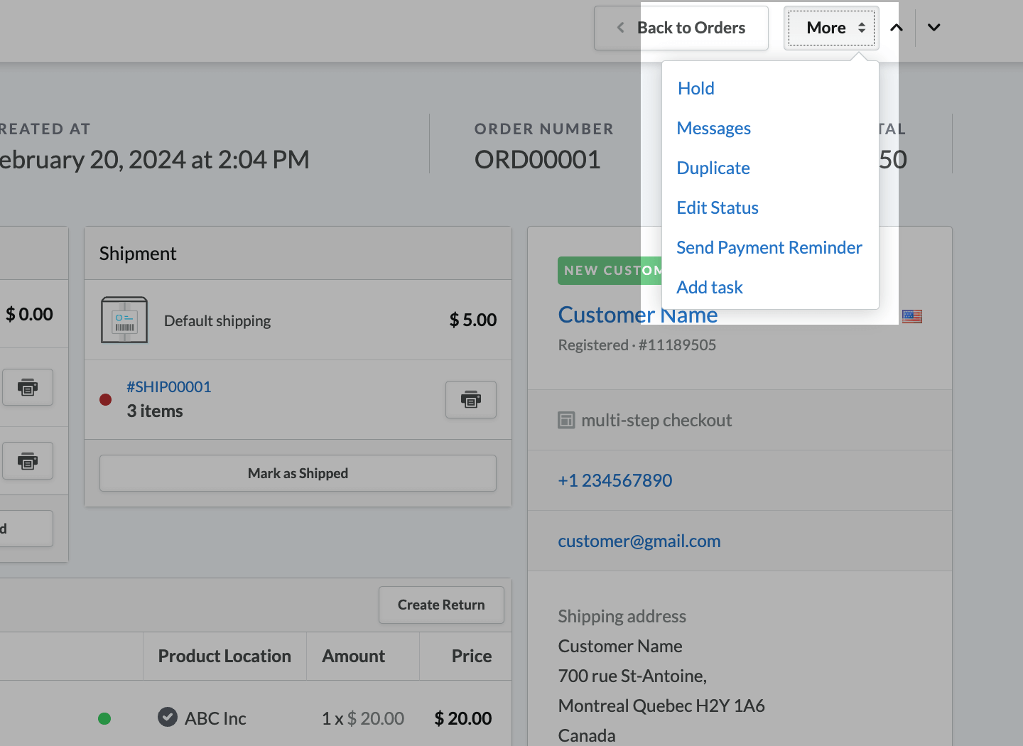 Order page showing More drop-down options.