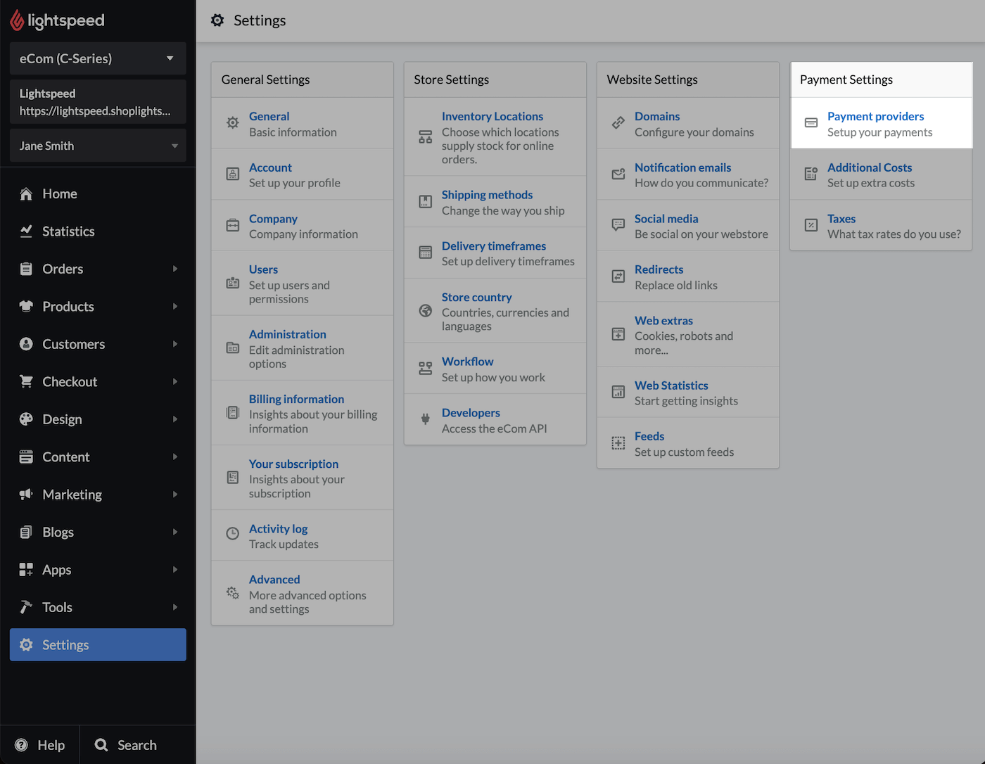 Settings page
