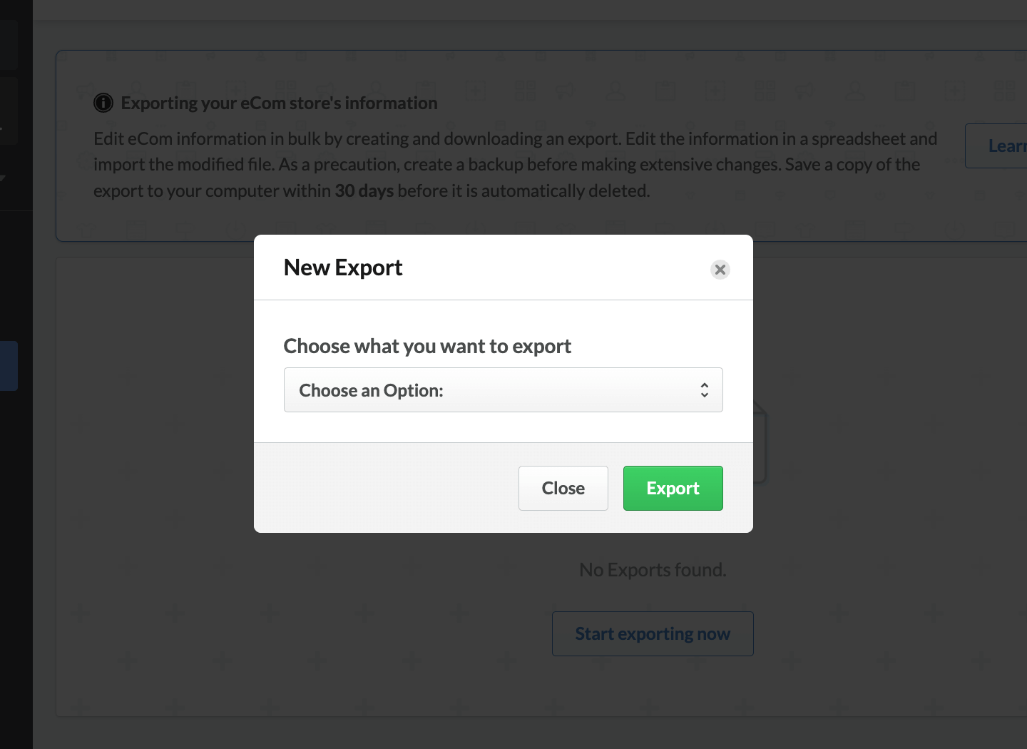 Drop-down with export choices.