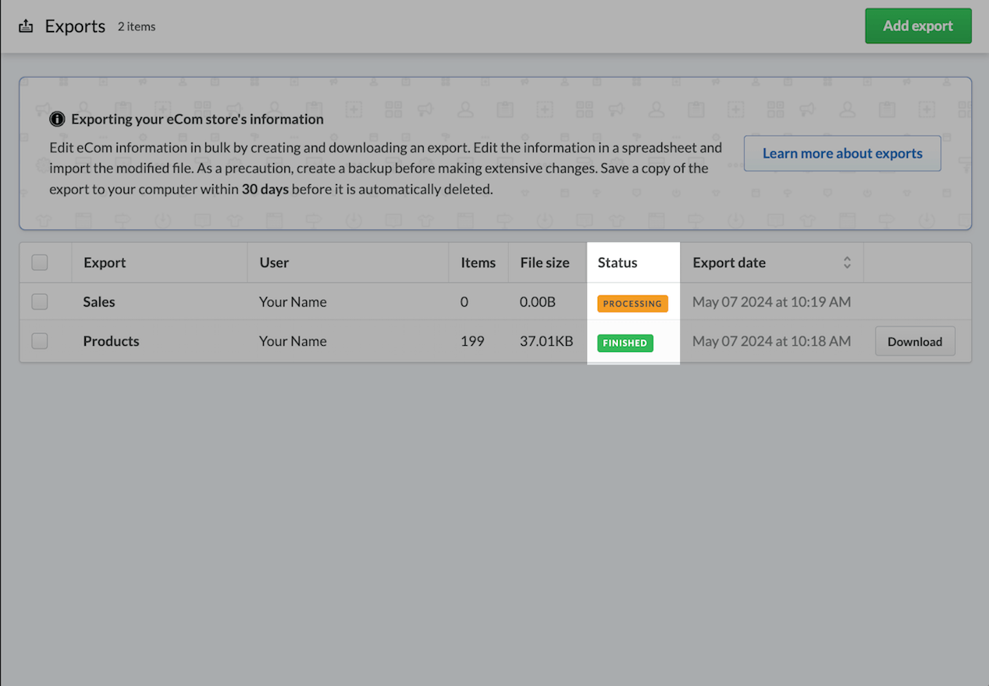 Export page with Status column emphasized.