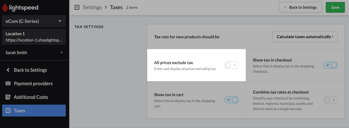 Taxes settings page with 'All prices exclude tax' option highlighted.