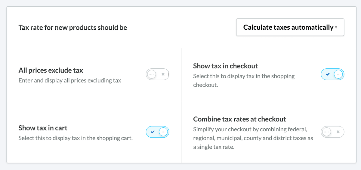 Tax settings page with options for excluding tax from prices, displaying tax in checkout and cart, and combining tax rates toggles.