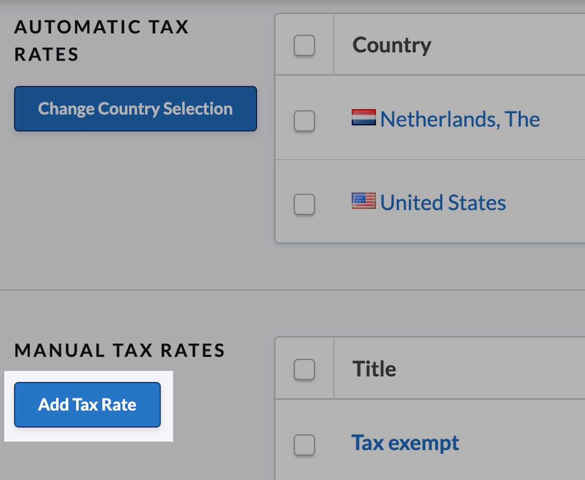 Manual tax rates on the Taxes settings page, with the 'Add Tax Rate' button highlighted.