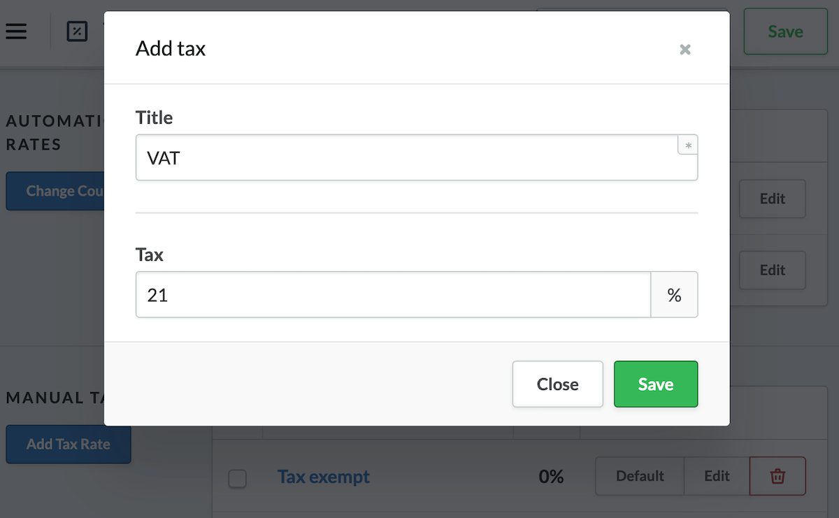 Popup 'Add tax' modal with fields for 'Title' set to 'VAT' and 'Tax' set to '21%'.