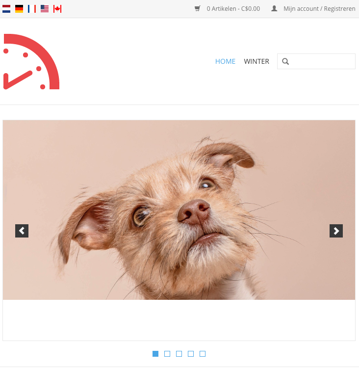 Toont de afbeelding van de hond geüpload als kop voor een eCom-shop.
