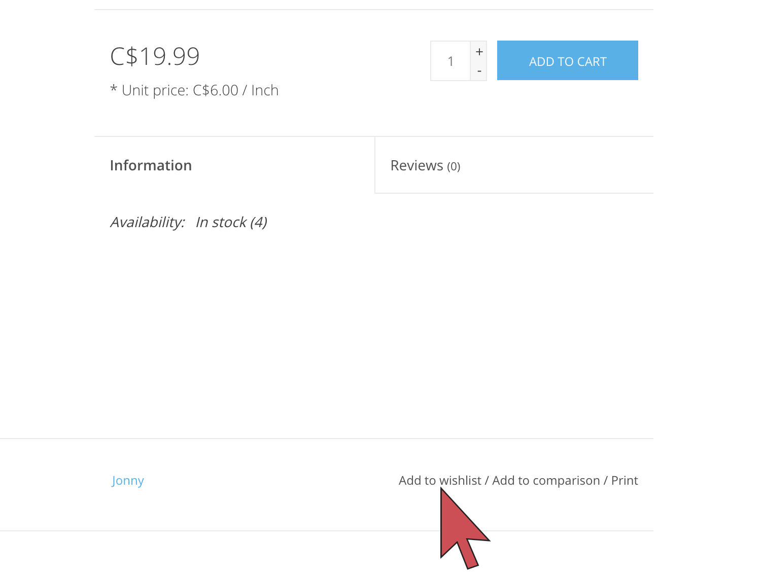 Displays an arrow pointing to the Add to wishlist button on the product page.