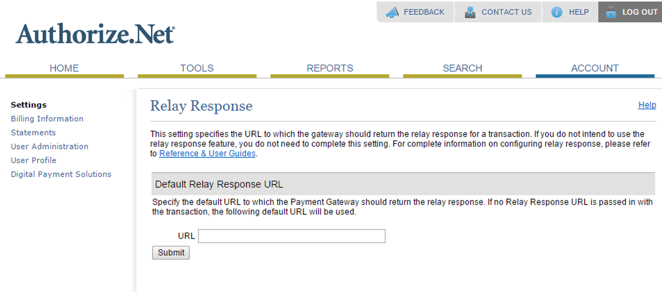 Zeigt den Bildschirm an, auf dem Sie die Relais-Antwort-URL eingeben.
