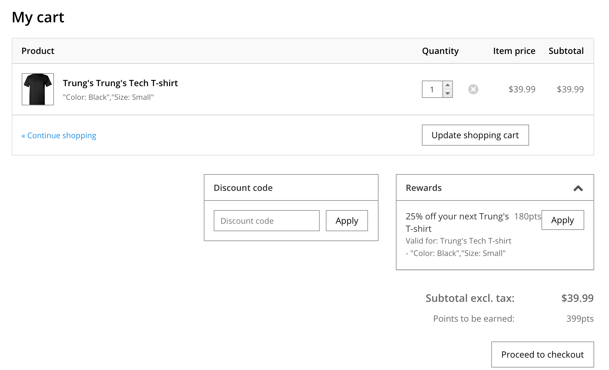 Cart with the amount of points to be earned for the purchase, as well as the available reward to be redeemed.
