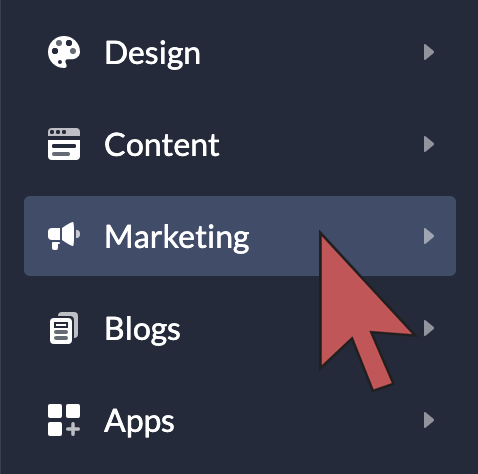 Shows an arrow hovering over 'Marketing' in the main menu of the eCom admin.
