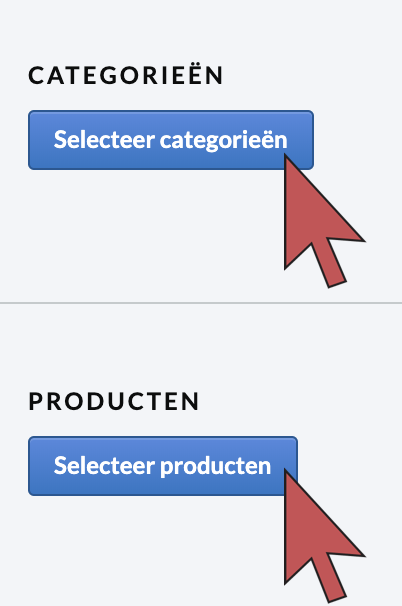 Geeft de knoppen Producten selecteren en Categorie selecteren weer met pijlen.
