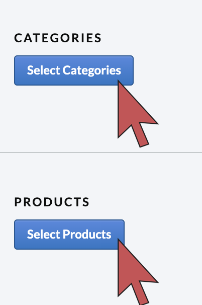 Shows the Select Products and Select Category buttons with arrows.