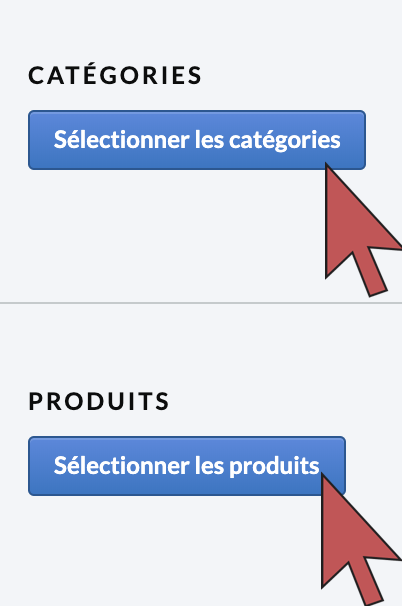 Image des boutons « Produits sélectionnés » et « Catégories sélectionnées ».