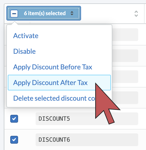 Shows an arrow hovering over the apply after tax bulk action button.
