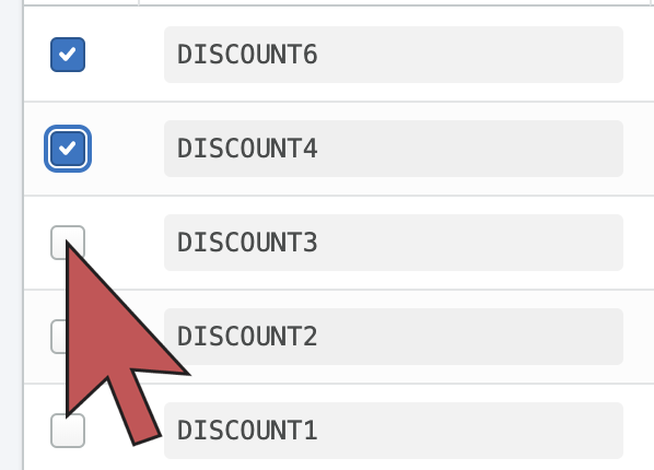 Shows an arrow hovering over a checkbox to the left of a discount code.