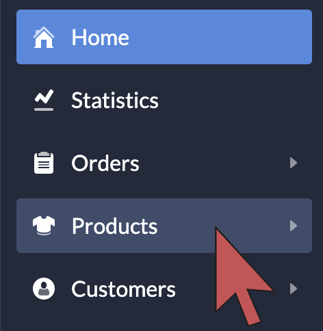 Shows an arrow hovering over Products in the main menu.