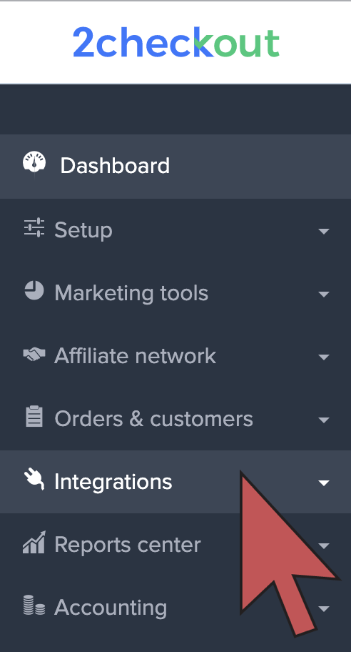 Image: Shows an arrow hovering over the integrations button, in the side menu of 2Checkout.