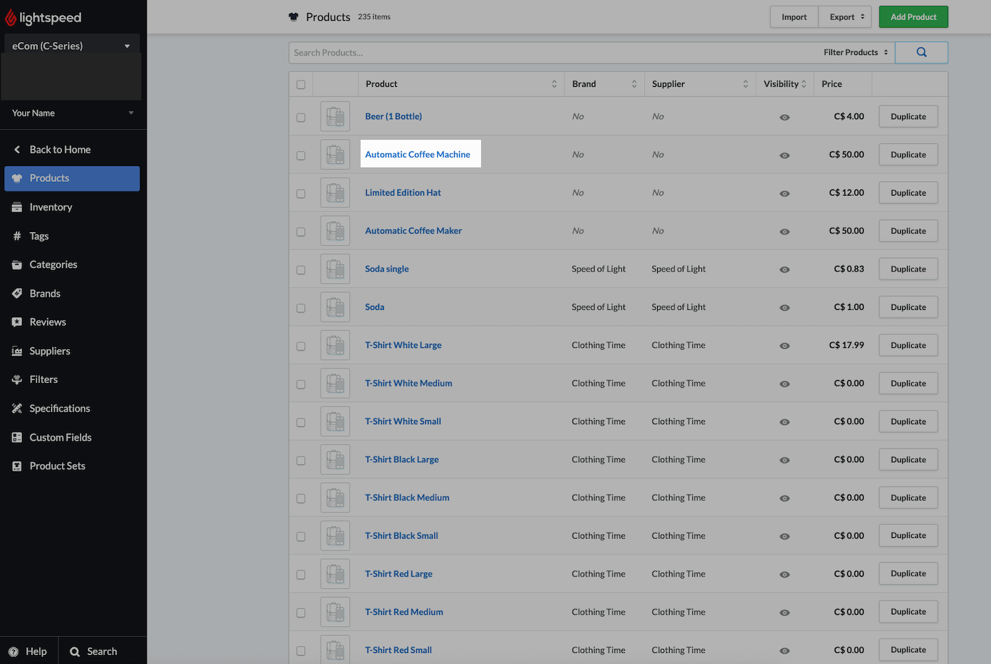 Products page with specific product name emphasized.