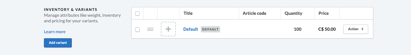 Inventory and Variants section.