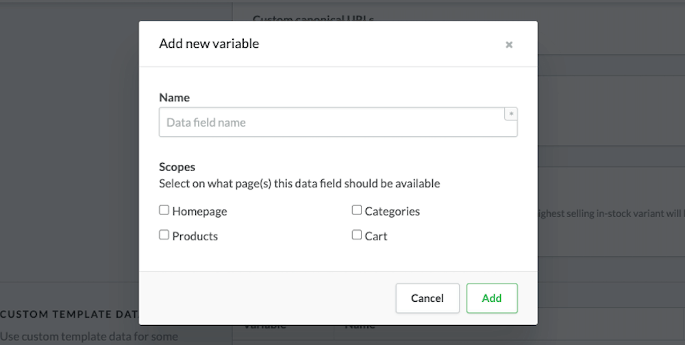 Add new variable pop-up with Name field and Scopes checkbox options.