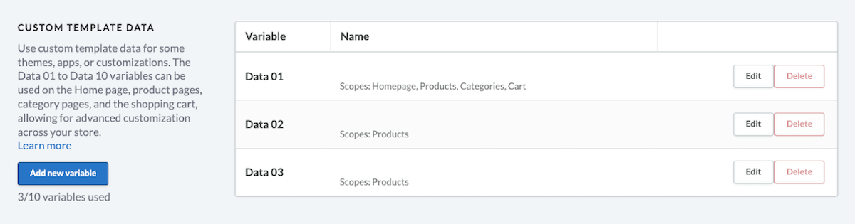 Custom Template Data sectoin with options to Add new variable, Edit, or Delete variables.