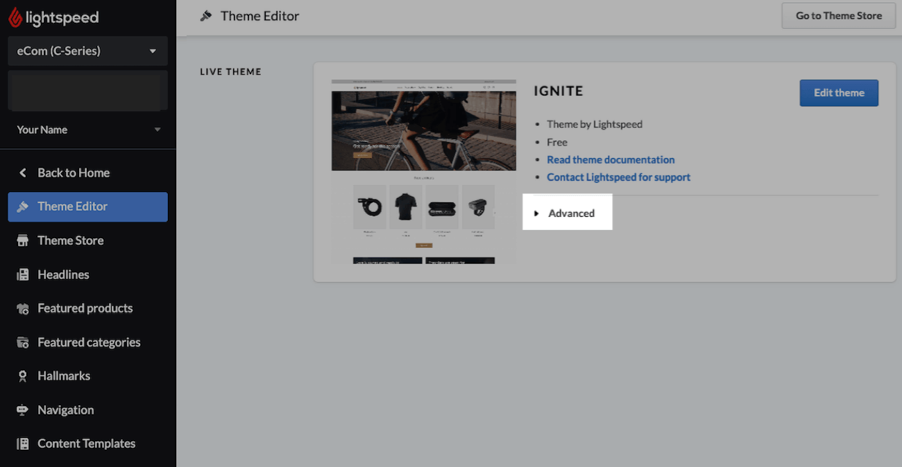 Theme Editor page with Advanced emphasized.