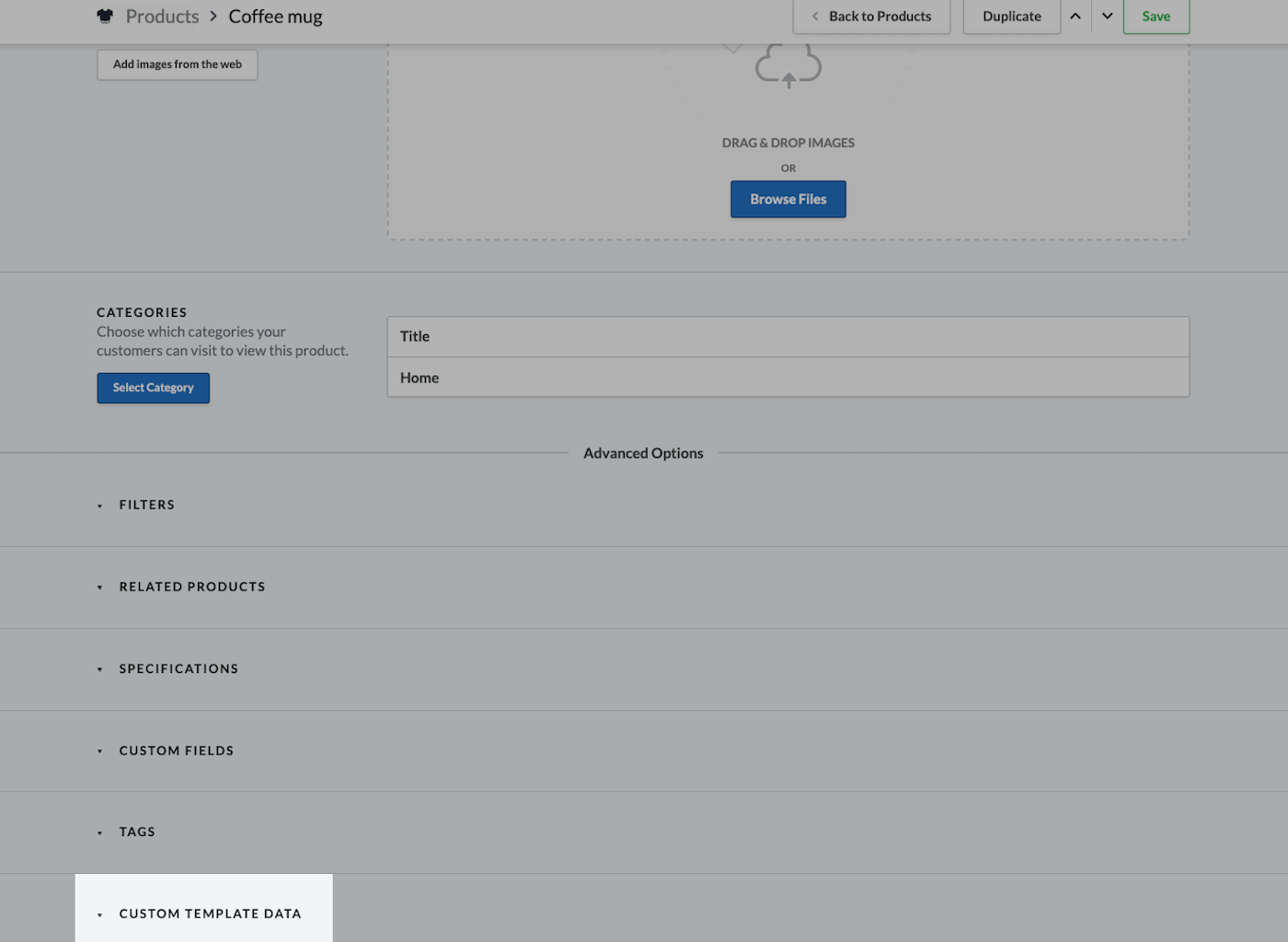 Page for an individual product with Custom Template Data emphasized.