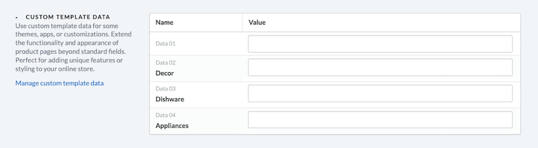 Custom Template Data section showing variable Names and Value fields.