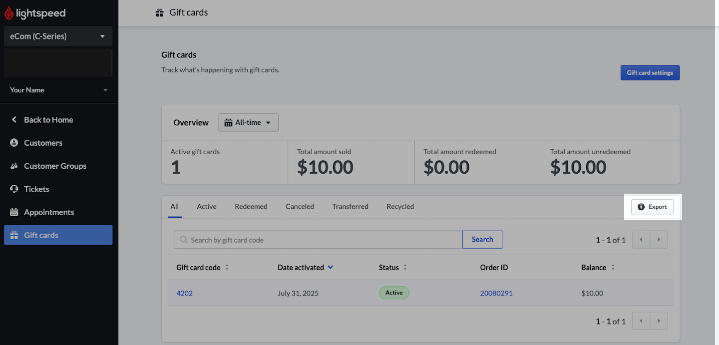 Gift cards page with Export button emphasized.