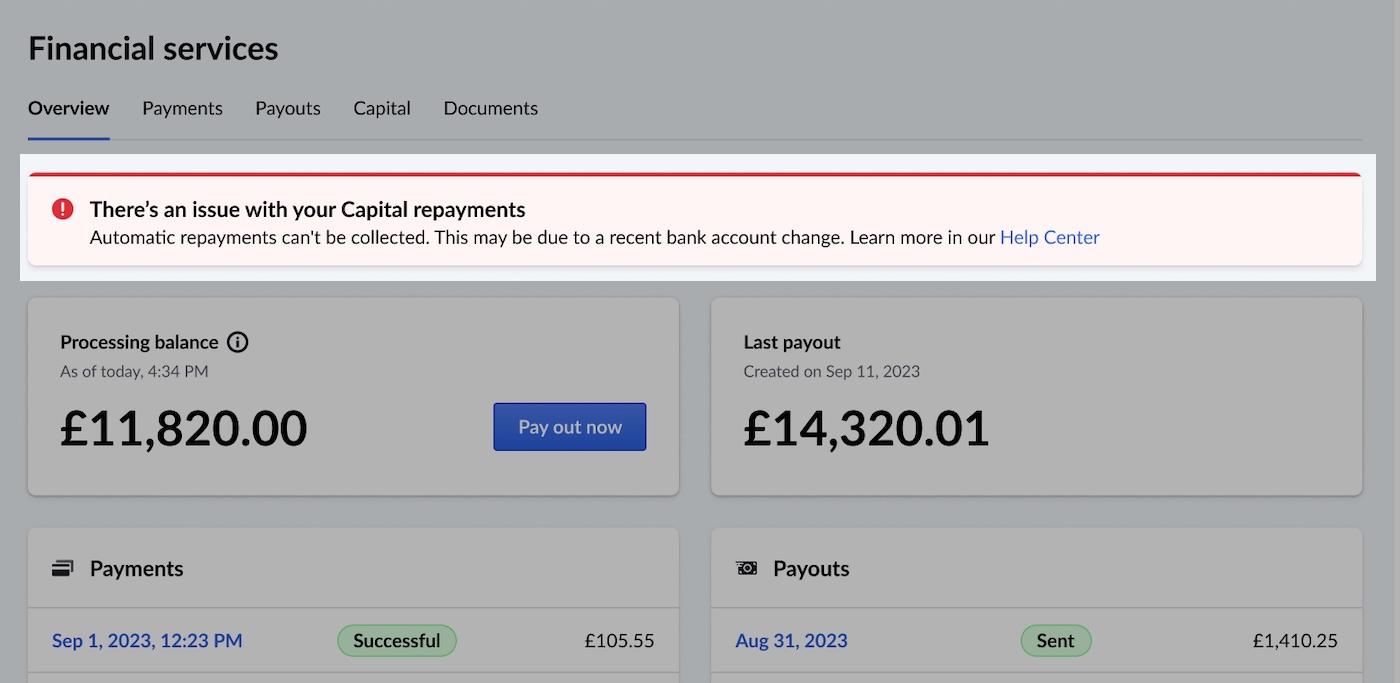 Image displays the Financial Services Overview tab in Lightspeed POS. There is a red banner highlighted that reads 'There is an issue with your Capital repayments.'