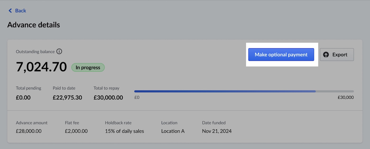 Advance details page. A button named 'Make optional payment' has been highlighted.