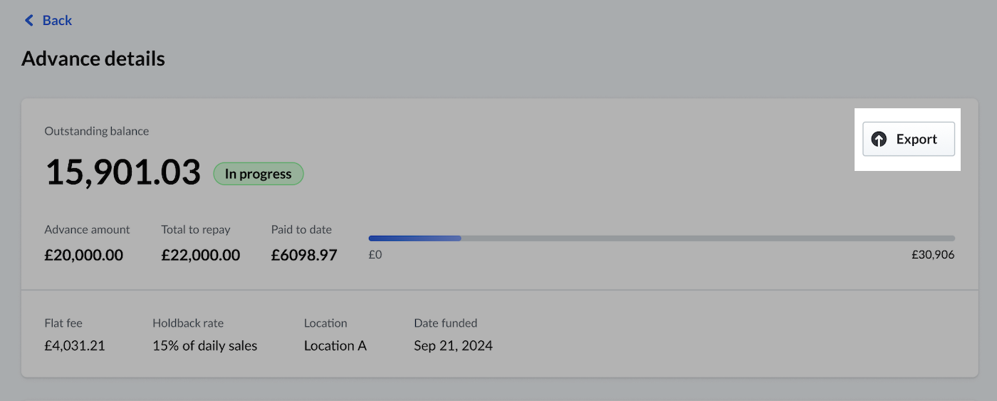 Darlehenseite, auf der die Schaltfläche Exportieren hervorgehoben ist.