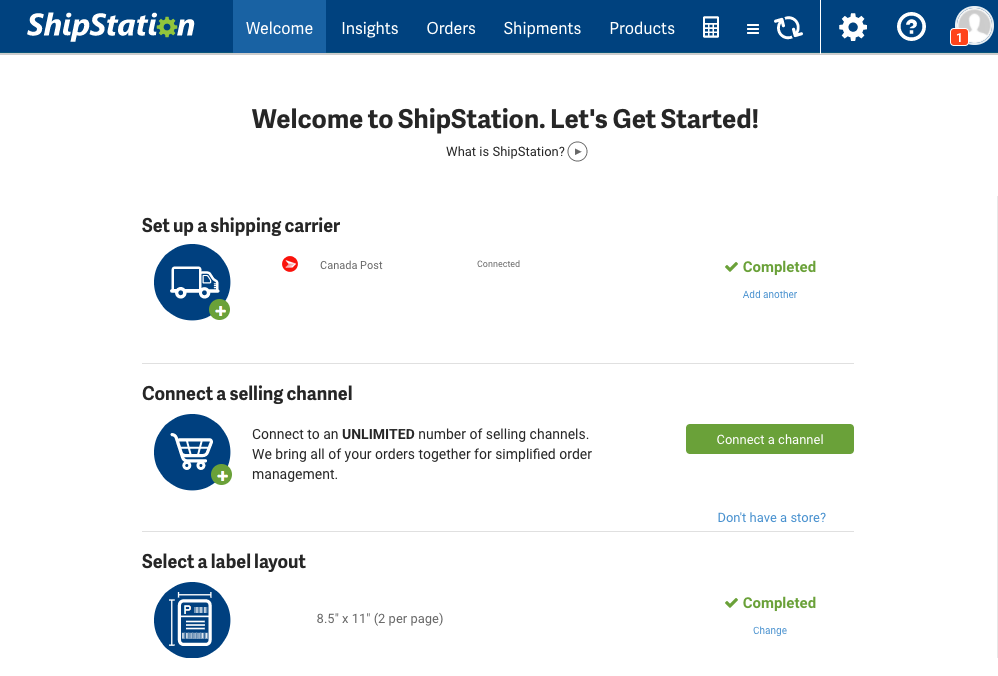 Page de bienvenue de ShipStation.