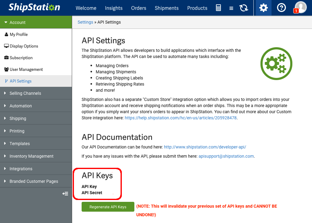 Page Settings (paramètres), la section API Keys (clés API) est mise en évidence.