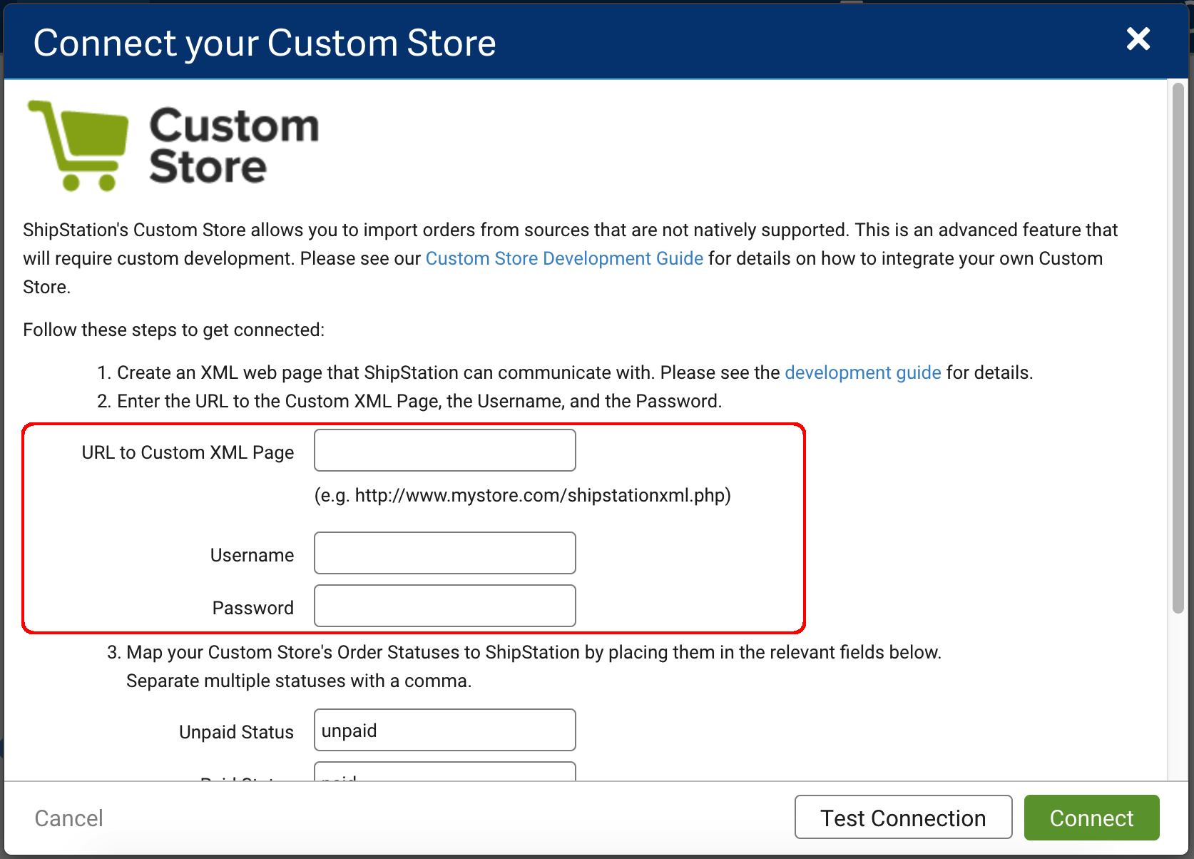 Fenêtre contextuelle Connect your Custom Store (connectez votre boutique personnalisée).