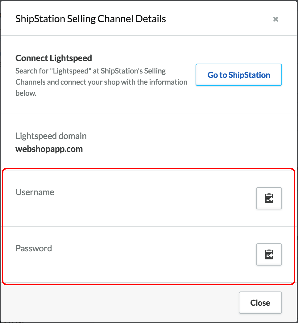 Fenêtre contextuelle des détails du canal de vente, les zones correspondant au nom d’utilisateur et au mot de passe sont mises en évidence.