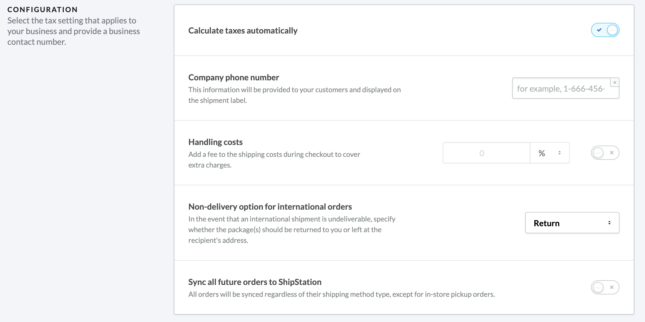 Section Configuration des paramètres ShipStation.