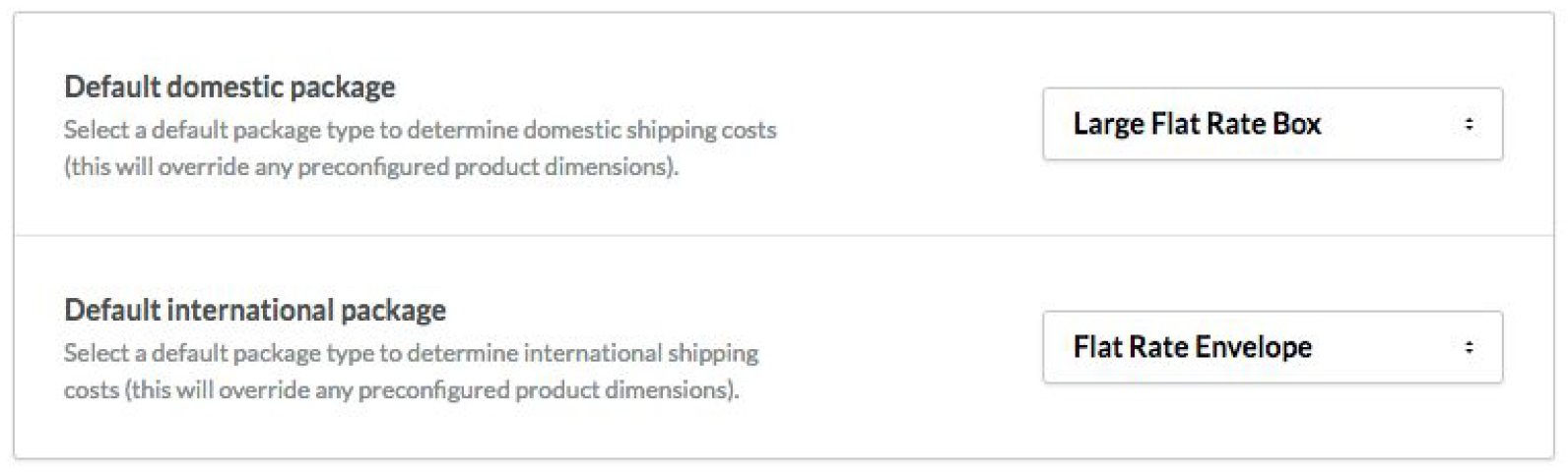Menus déroulants pour définir la taille de l’emballage.