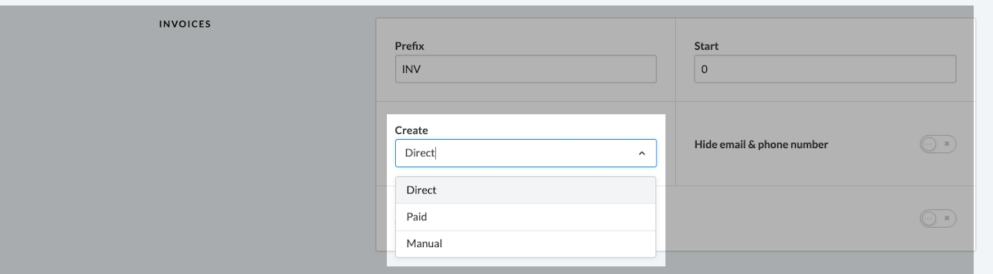 Erstellen Sie ein Dropdown-Menü mit den Optionen „Direkt“, „Bezahlt“ und „Manuell“.