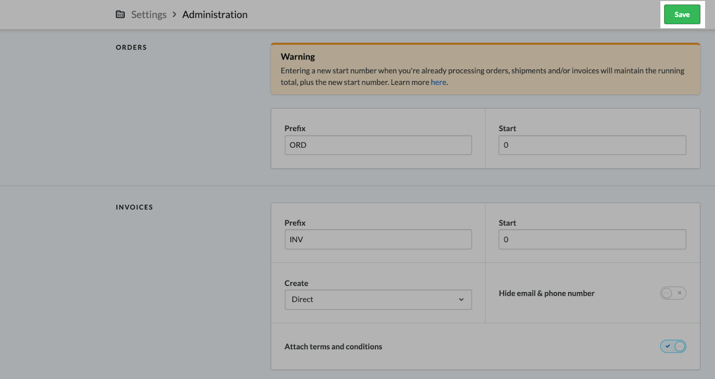 Verwaltungseinstellungen mit hervorgehobener Schaltfläche "Speichern".
