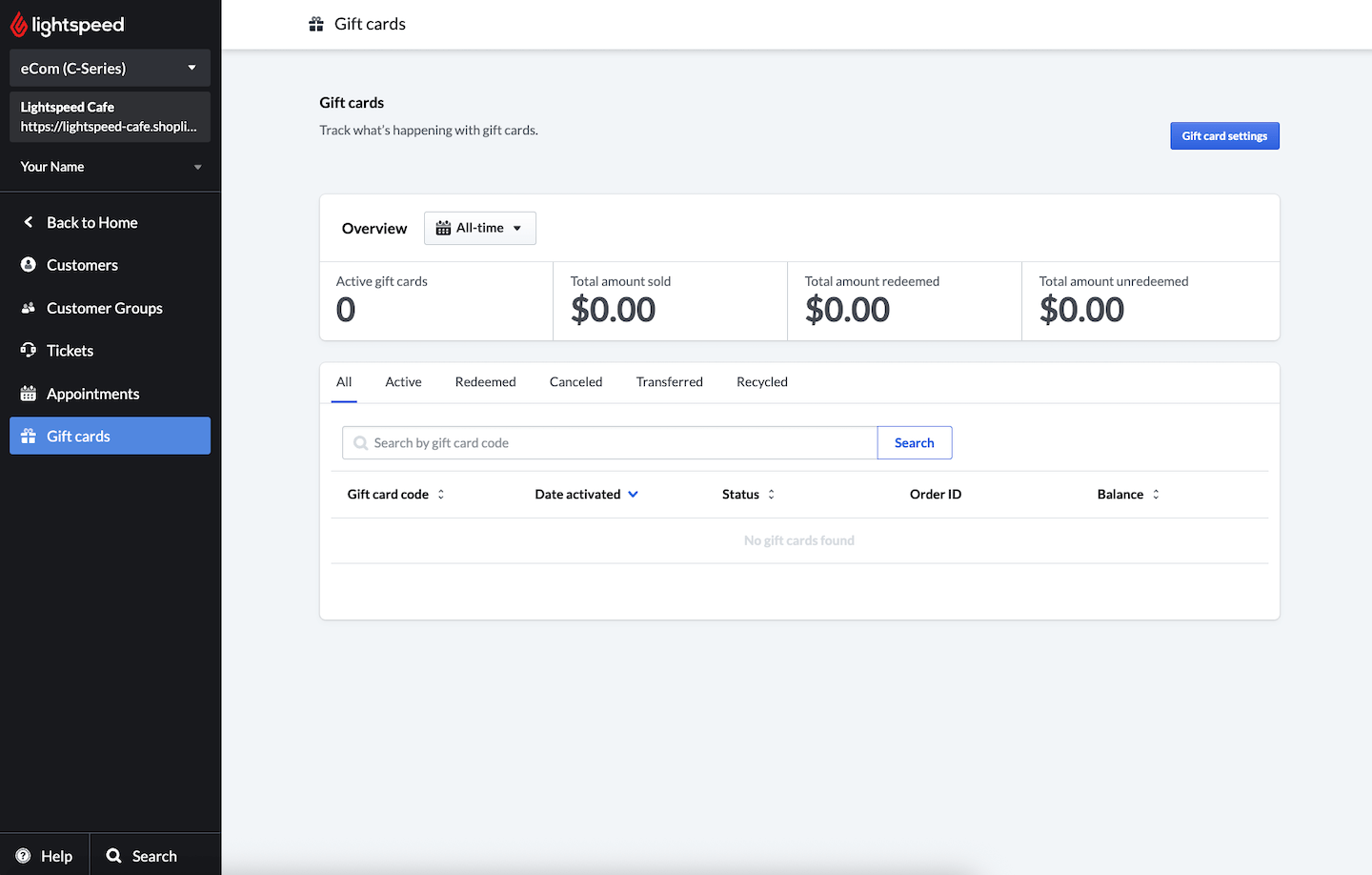 Page Cartes-cadeaux de la section Clients.