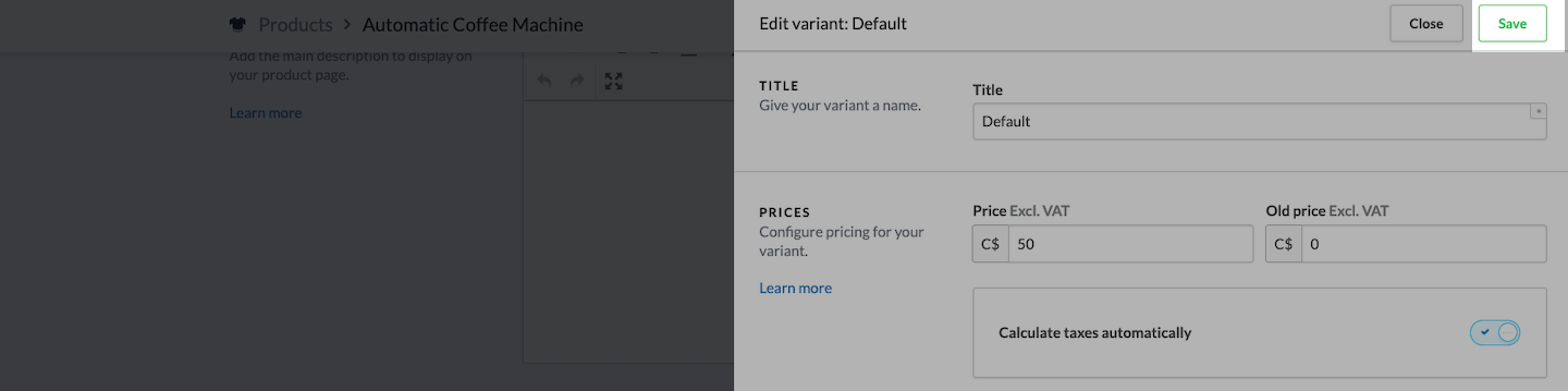 Fenêtre contextuelle de modification de la variante, le bouton Enregistrer est mis en évidence.